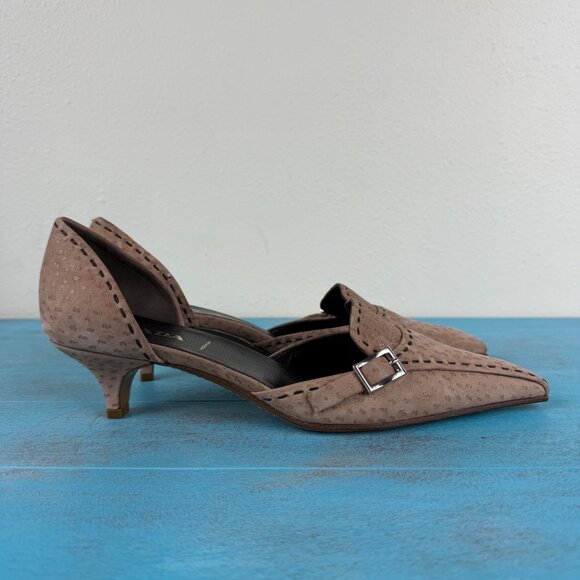 PRADA Tan Ostrich Suede Stitched Pointed Toe Kitten Heels Size 37.5 US 7.5 - Picture 1 of 12